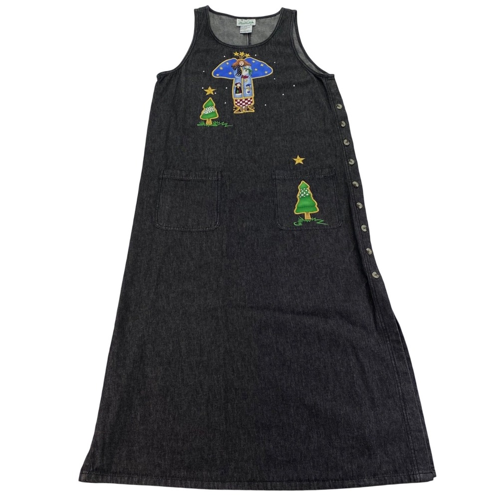 The Quacker Factory Christmas Denim Jumper Dress Womens Medium Black Embroidery